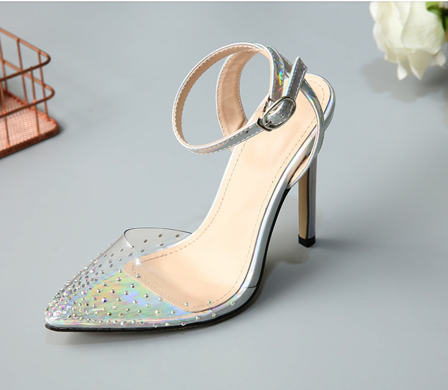 Pointed diamond sandals for women with stiletto heels