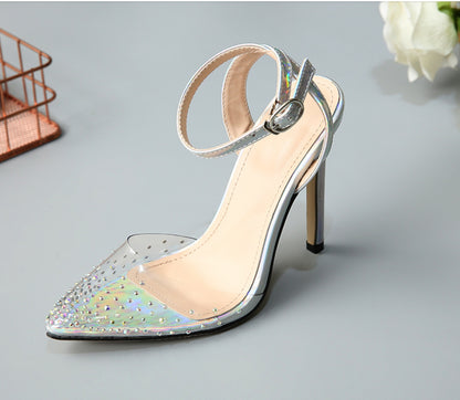 Pointed diamond sandals for women with stiletto heels