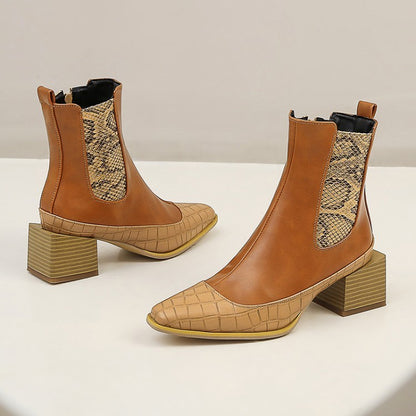 Bottes courtes pointues à talon épais et imprimé serpent pour femmes