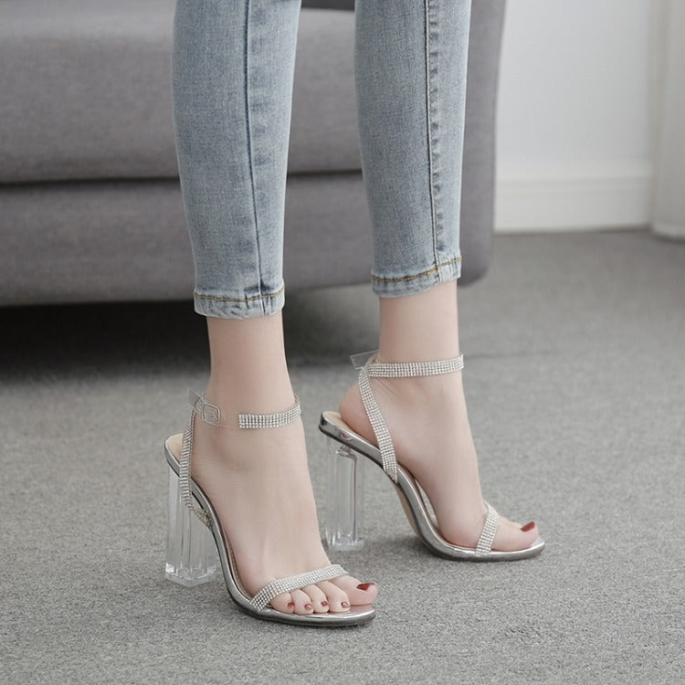 One-word transparent high-heeled sandals with rhinestones