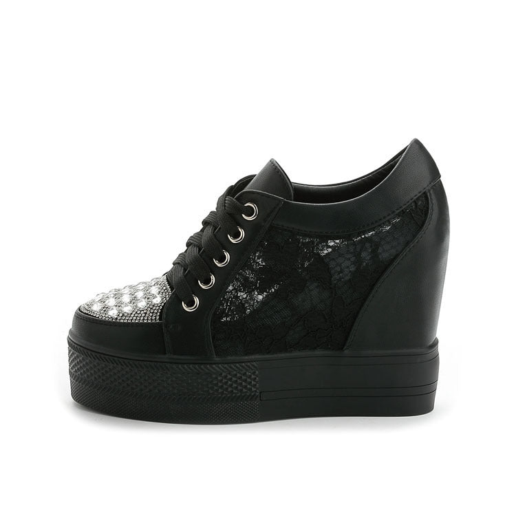 Women's High Top Strap Hidden Heel Wedge Sneaker Shoes Lace