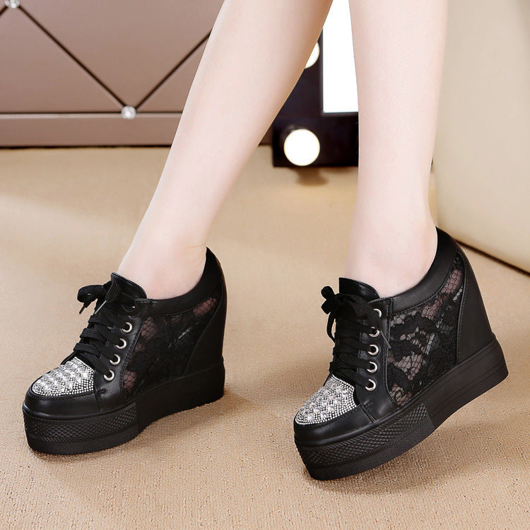 Women's High Top Strap Hidden Heel Wedge Sneaker Shoes Lace