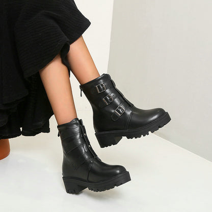 Thick-soled Round Toe Martin Boots with belt buckle