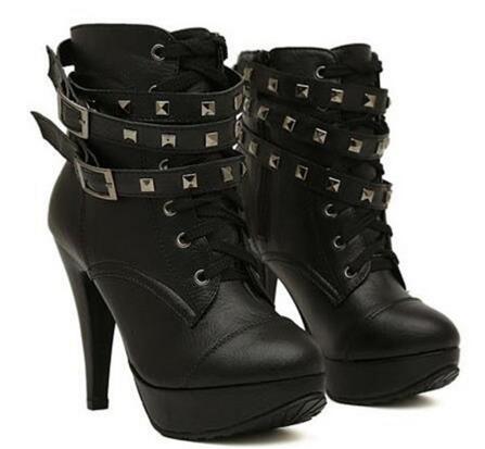 Women Black Ankle Boots Motorcycle Thin High Heel Double Buckle