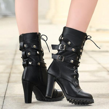 Rivet motorcycle boots oversize high heel ankle boots