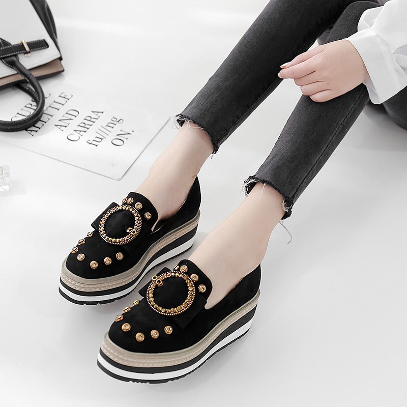 Rhinestone Striped Platform Platform Shoes Round Toe Metal Buckle Wedge Shoes