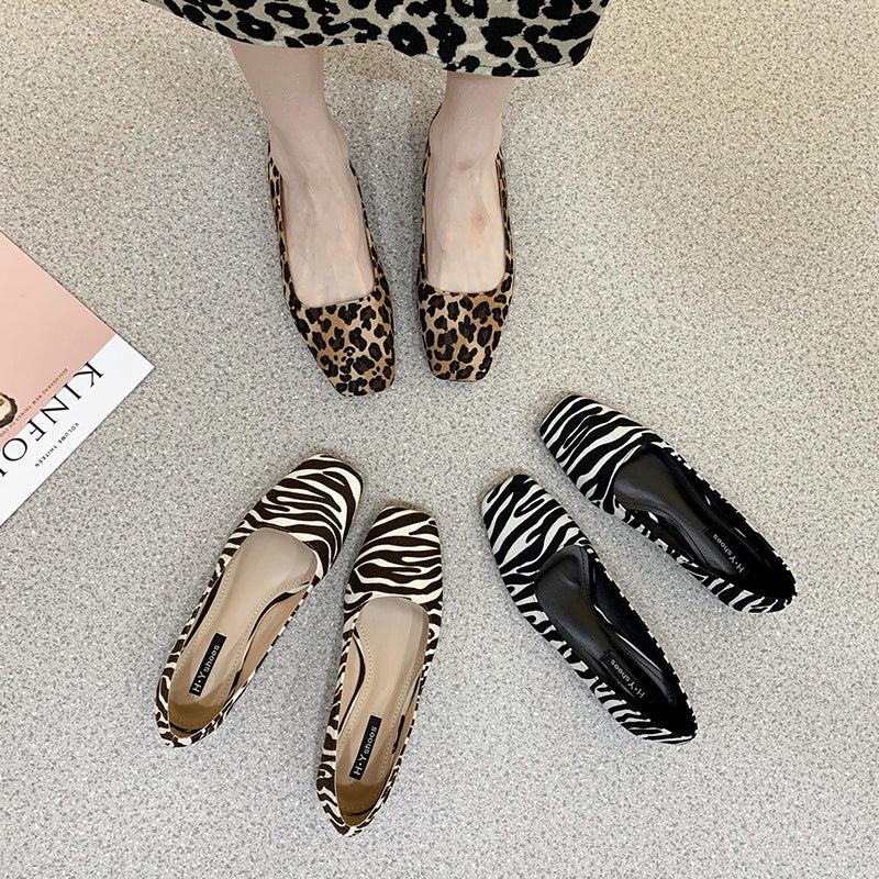 Korean Style Square Toe Zebra Pattern Thick Heel Flat Shoes Versatile Shallow Mouth