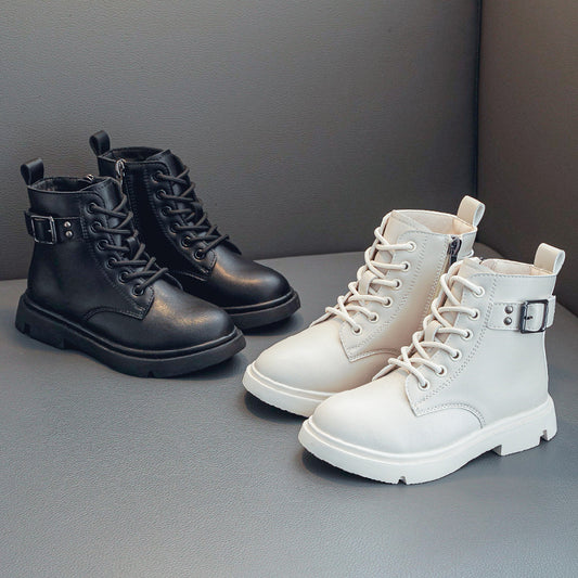 Zapatos para niños de estilo británico, botas de cuero con suela blanda, botas cortas para niños