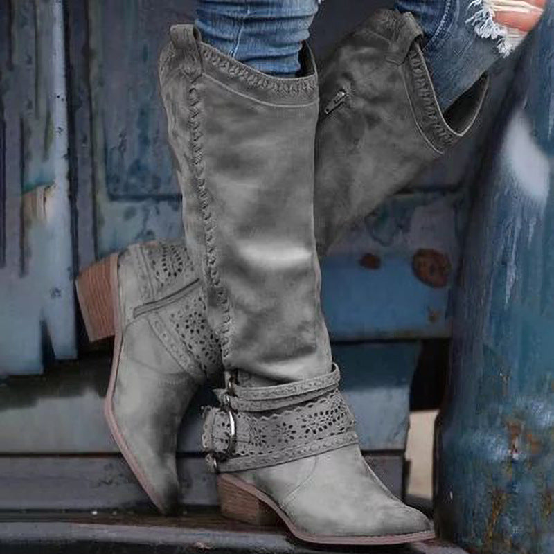 Thick-heeled Lace Belt Buckle Boots Plus Size Women