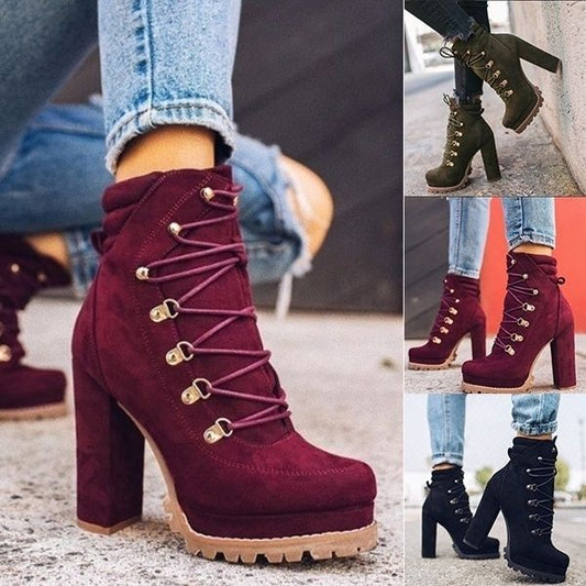 High-heel lace-up rivet short boots