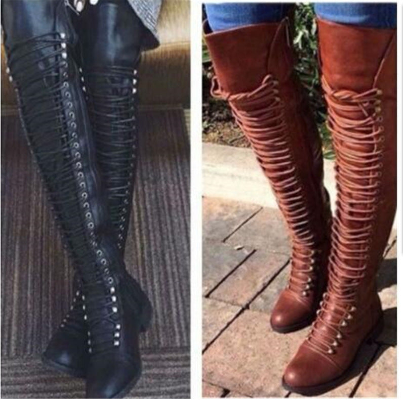 Botas altas hasta la rodilla con tacón de bloque y tiras cruzadas de PU estilo retro para mujer