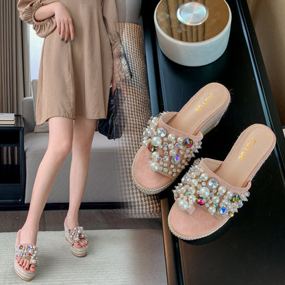 Summer new slope with pearl sandals and slippers