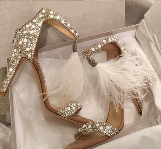 Wedding shoes solid color hot drilling sexy feather sandals feather sandals wedding shoes dance