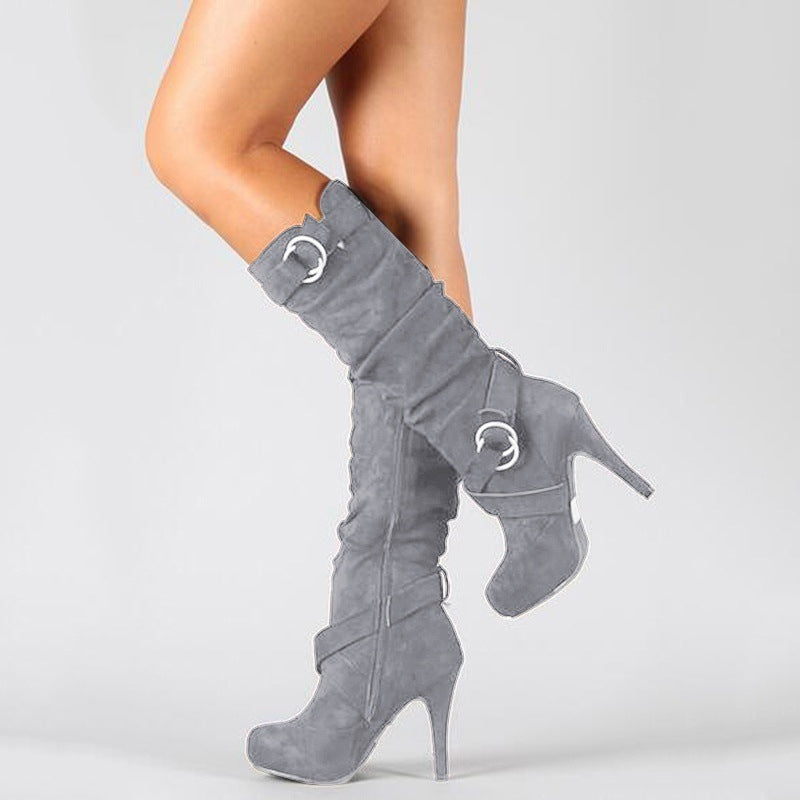 Amazon souhaite des explosions de bottes extensibles à talons hauts et jambes fines avec boucle de ceinture commerce extérieur grande taille plate-forme imperméable épaisse avec des bottes 