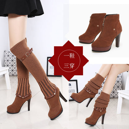 The new Korean lady shoes winter thin high-heeled boots wool elastic cylinder wear a knee shoes three