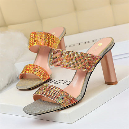 High heel shiny rhinestone slippers