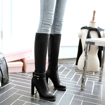 Belt buckle thick heel women's boots