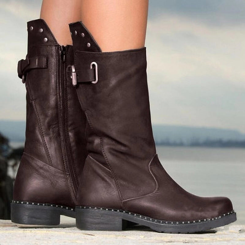 Thick-soled leather ankle boots high-top motorcycle boots