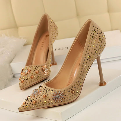 Vintage High Heel Suede Shallow Pointy Rhinestone Single Shoes