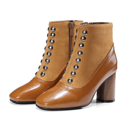 Rivet square heel thick dress boots