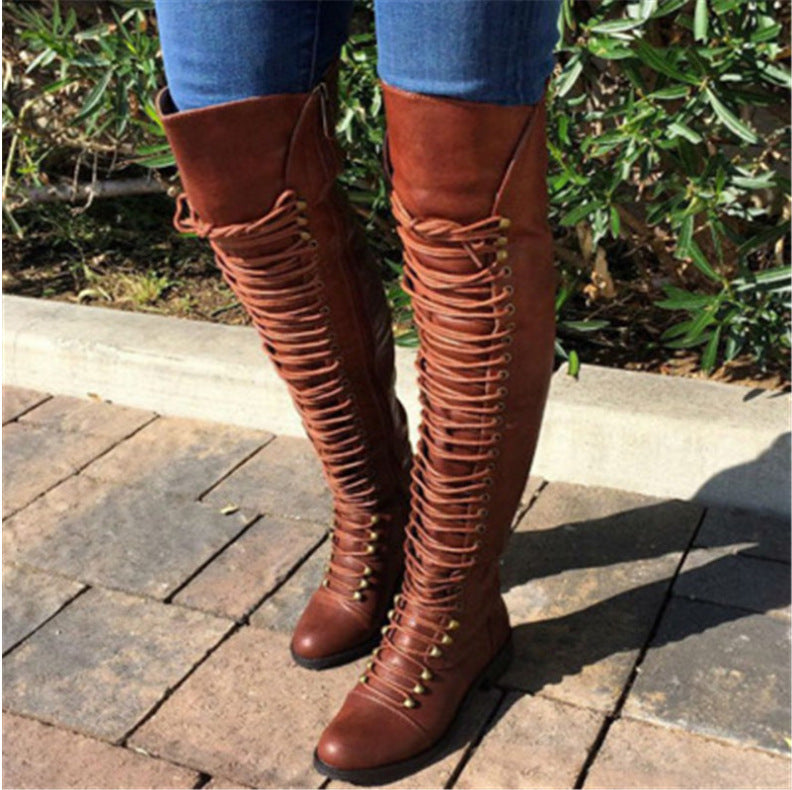 Botas altas hasta la rodilla con tacón de bloque y tiras cruzadas de PU estilo retro para mujer