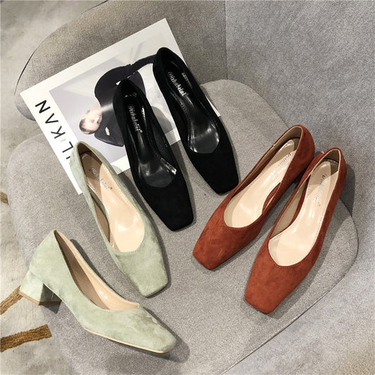 Square Toe Chunky Heel Suede Single Shoes Versatile Mid-heel Shoes