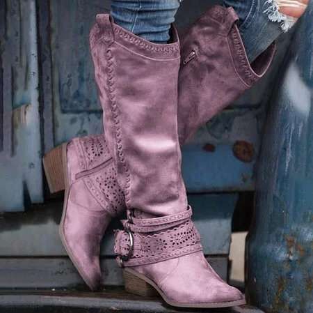 Botas de tacón grueso con hebilla de cinturón y encaje para mujer, talla grande