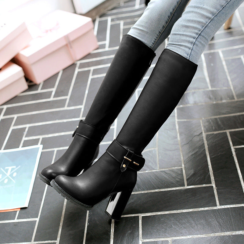 Belt buckle thick heel women's boots