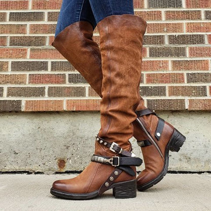 Bottes à talon moyen épais avec boucle de ceinture et rivets pour femmes