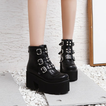 Rivet belt buckle zipper ankle boots