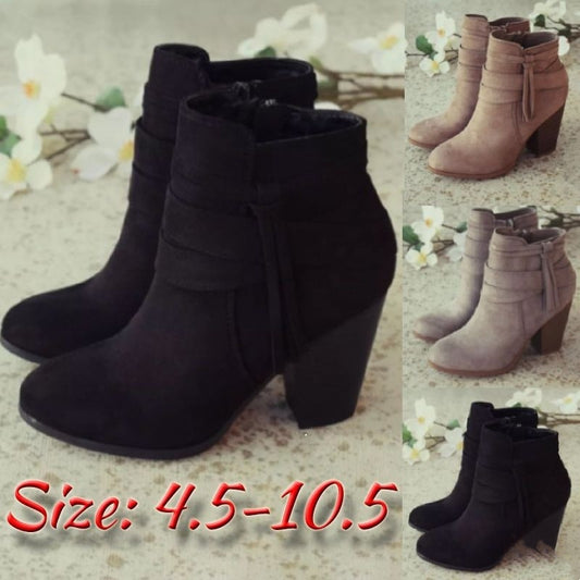 Women's suede side zipper chunky heel boots