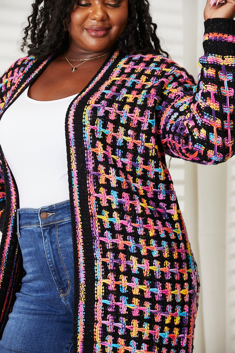 Cardigan multicolore ouvert sur le devant avec ourlet à franges pleine taille