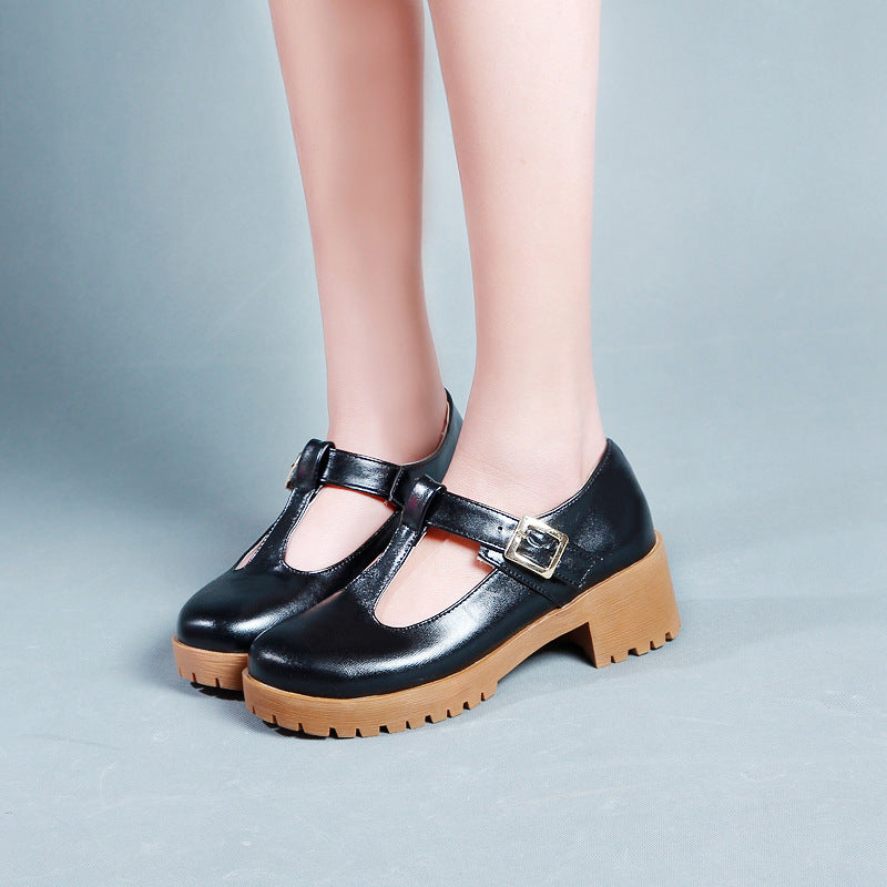 Thick Square Heel T-buckle Belt Student Korean Round Toe Platform Shoes Women's Shoes Large Size Shoes