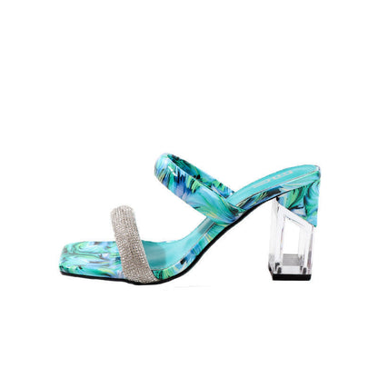 One-line Rhinestone Thick Heel High Heels Transparent Heel Fashion Women's Shoes