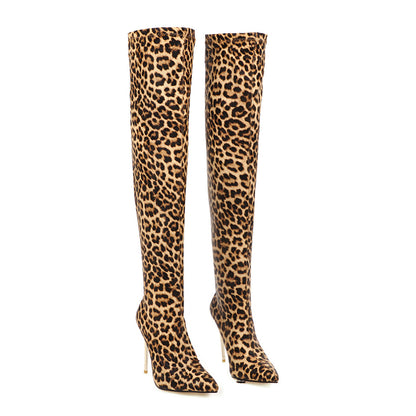 Botas por encima de la rodilla con estampado de leopardo y tacón muy alto para mujer en tallas grandes