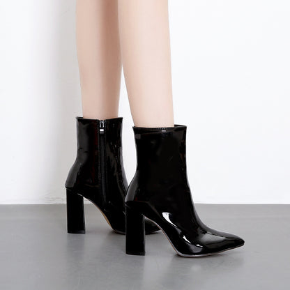 Patent Leather Fabric Pointed Toe Chunky Heel High-heel Zipper Knight Boots