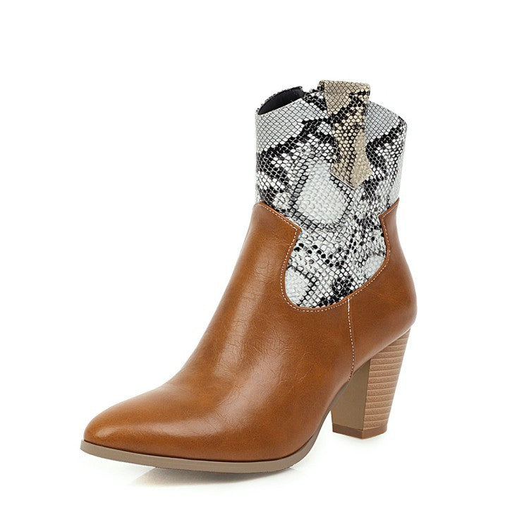 Leather Snake Print Short Women's Boots