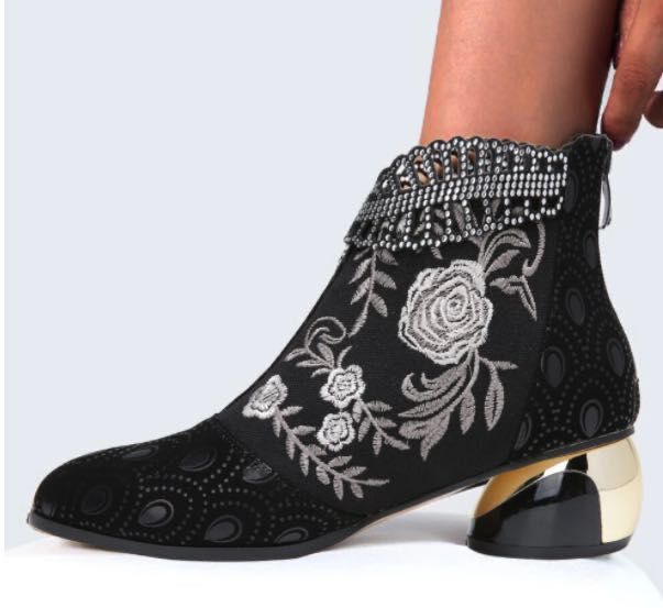 Leather embroidered thick heel women's boots