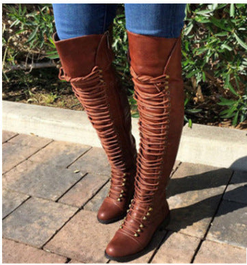 Women's Retro Pu Cross Strap Block Heel Knee High Boots