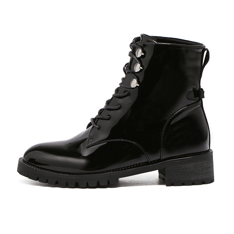 Motorcycle patent leather chunky heel ankle boots