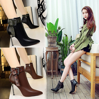 Pointed stud buckle ankle boots