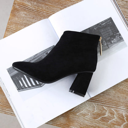 Suede back zipper chunky heel ankle boots