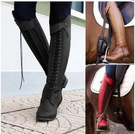 Rivet lacing boot for lady with thick heel