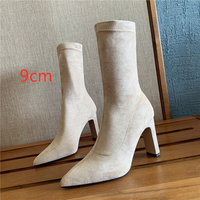 Square heel mid-tube high heels