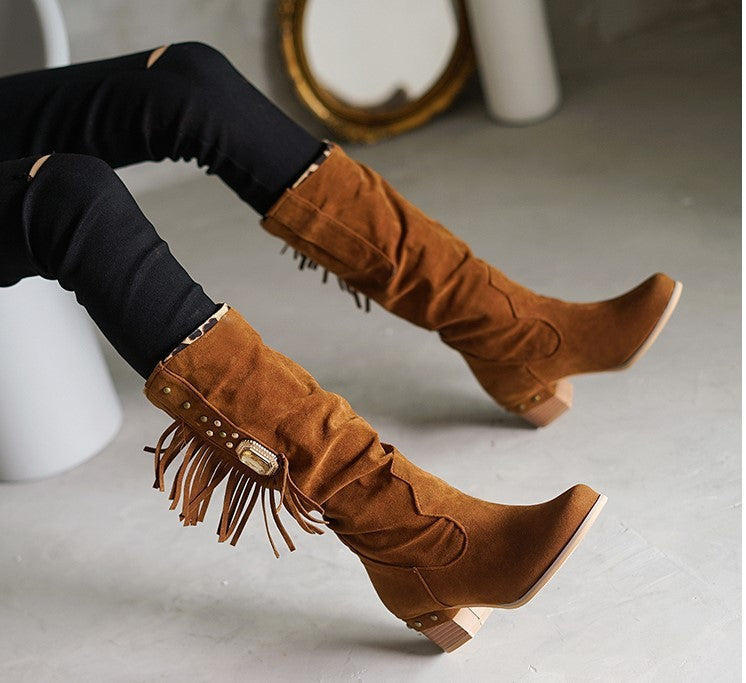 Fringed mid-tube women's boots