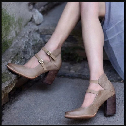 High-heeled belt buckle block heel shoes