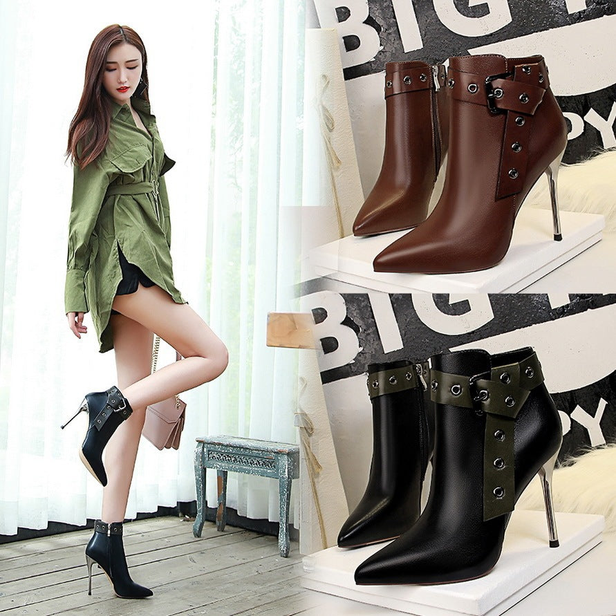 Pointed stud buckle ankle boots