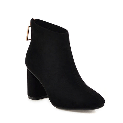 Suede back zipper chunky heel ankle boots