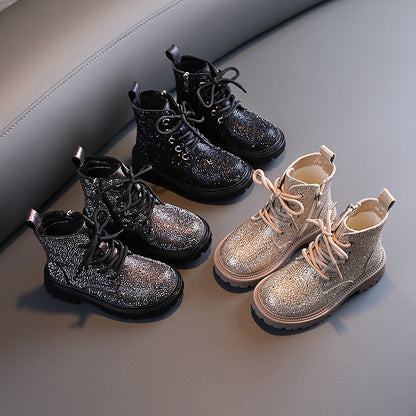 Botas individuales cálidas con diamantes de imitación para niñas y niños, bajas