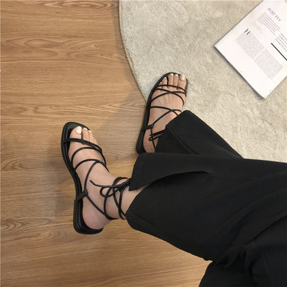 Women's Summer Flat Retro Toe Lace-up Sandals